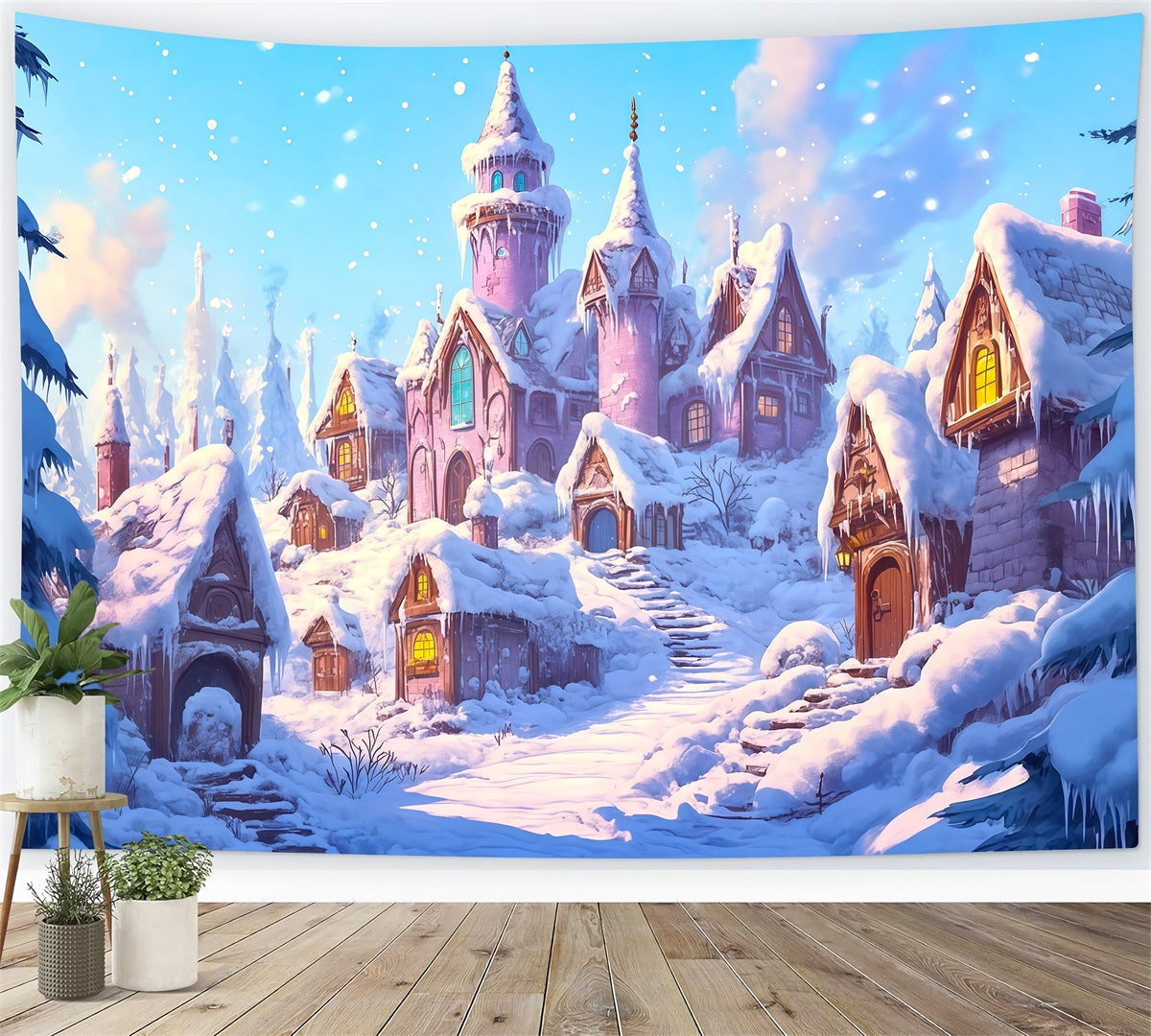 Rosa Weihnachtshintergrund Schloss Im Verschneiten Dorf Große Weihnachtskulissen RR69-64