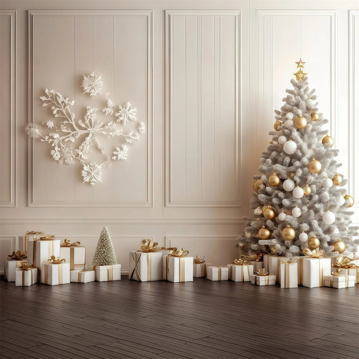 Weihnachtswand-Hintergrund Weißgoldene Baumdekoration Große Weihnachtskulissen RR69-7