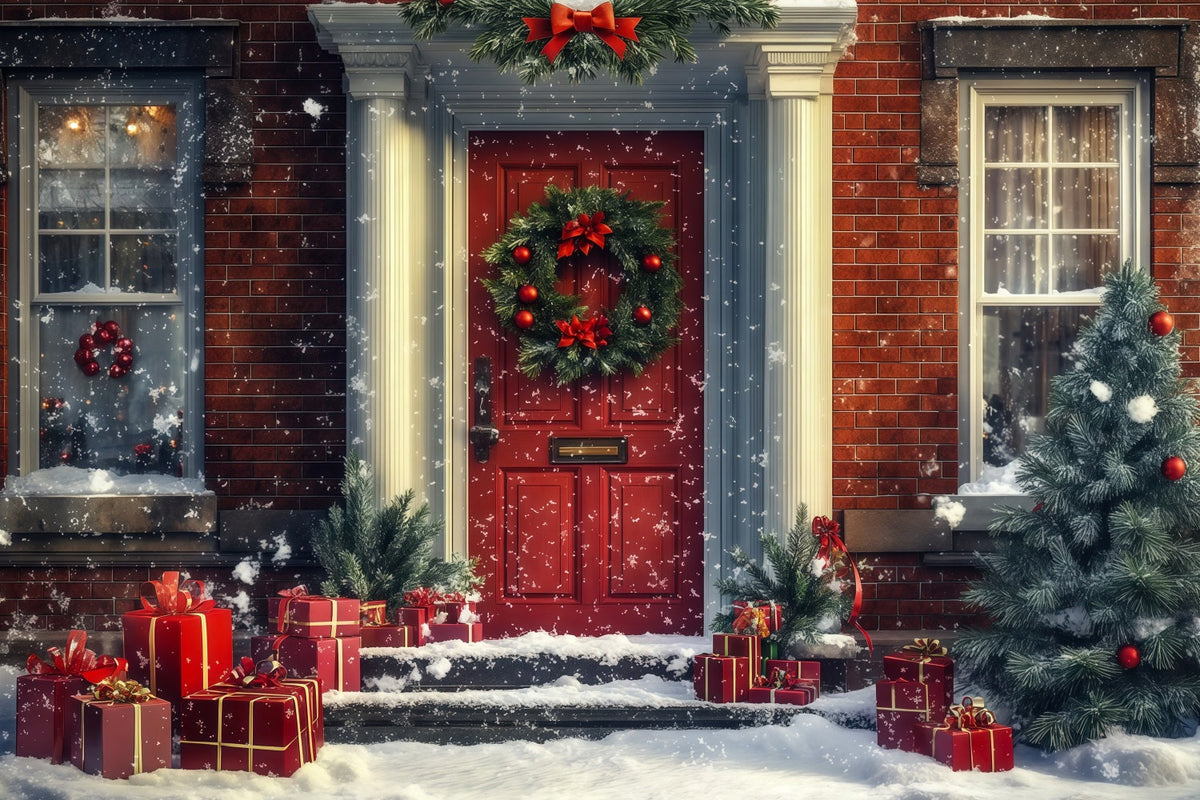 Weihnachtshaus-Kulisse Schneerote Türgeschenke Weihnachts-Fotohintergründe RR69-71