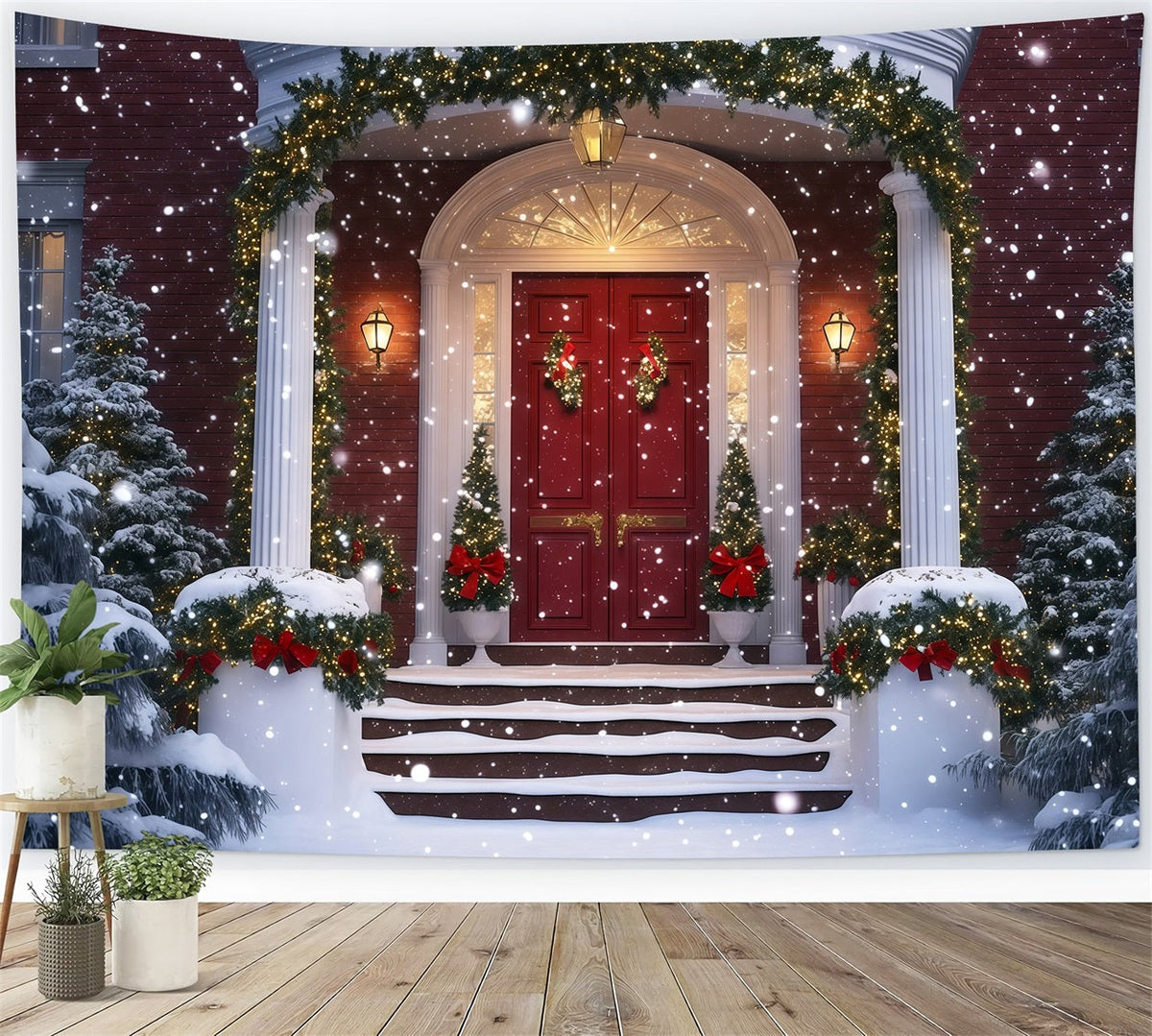Weihnachtshaus-Kulisse Schneebedeckter Eingangsgirlande Weihnachtsfotohintergrund RR69-74