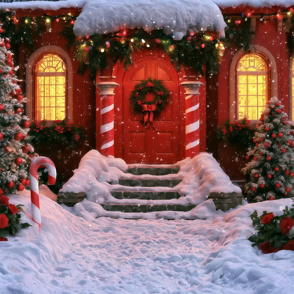 Winterliche Weihnachtskulisse Zuckerstangenrote Tür Eingang Weihnachtskulisse Für Den Innenbereich RR69-75