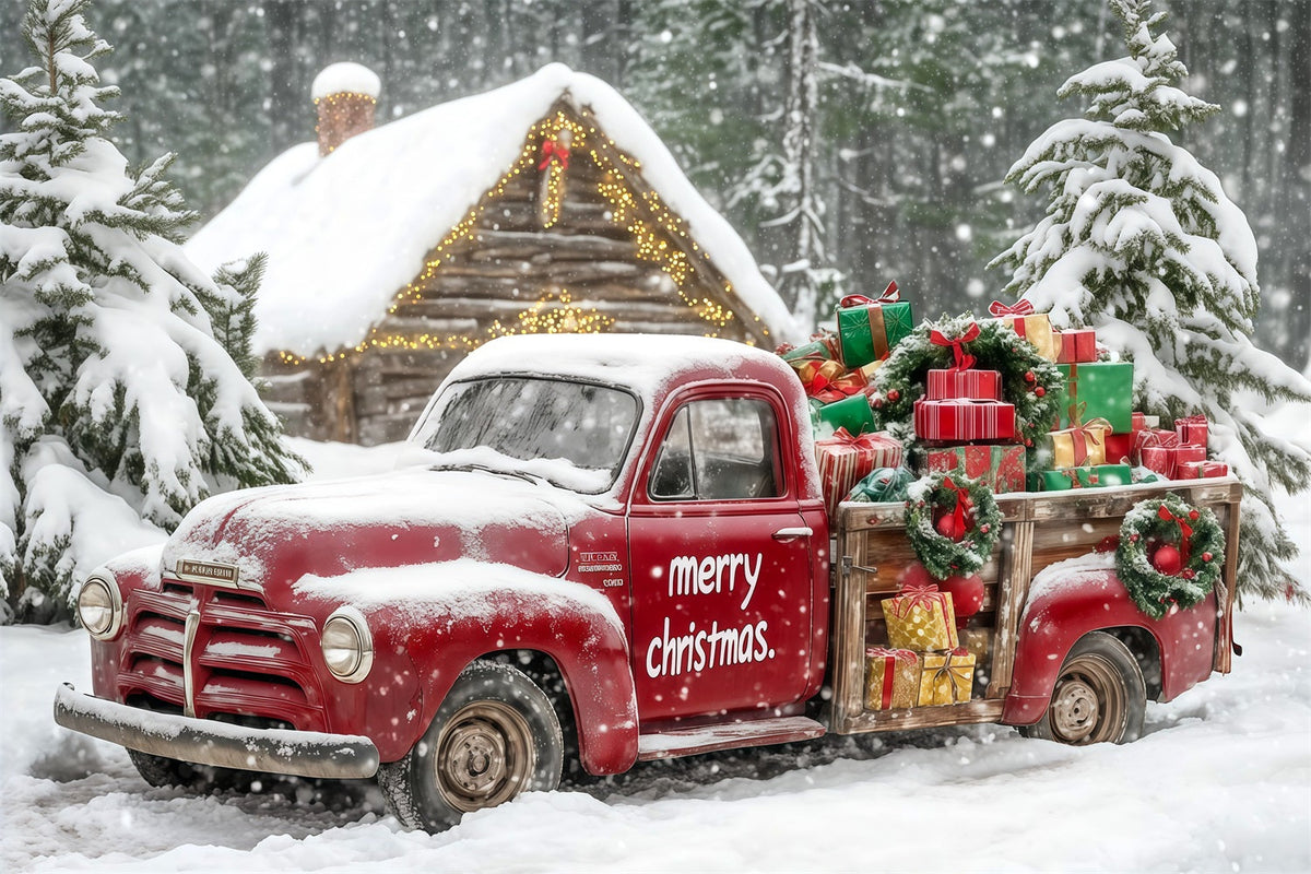 Weihnachtstruck-Hintergrund Geschenke Aus Dem Verschneiten Wald Auto Studiohintergründe Weihnachten RR69-76