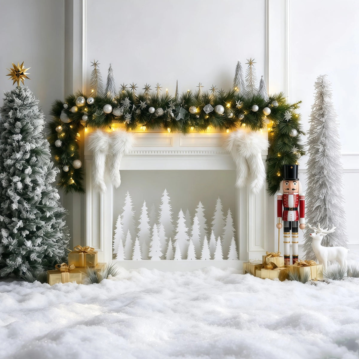 Elegante Weihnachtskulisse Kaminaufsatz Aus Silberfrost Studio-Weihnachtskulissen RR69-81
