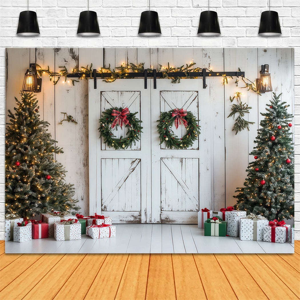 Weihnachts-Scheunentor-Hintergrund Rustikale Weiße Holzwand Weihnachtswand-Hintergrund RR69-87