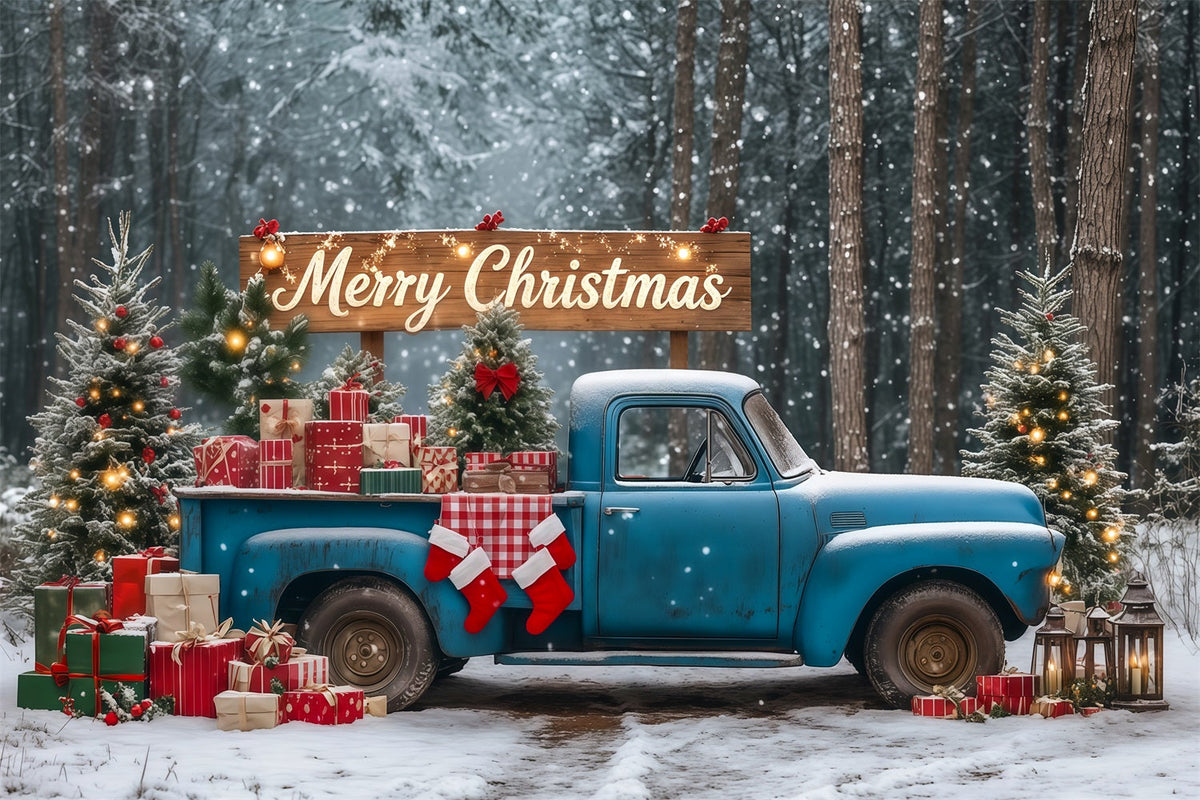 Weihnachtswald-Kulisse Blauer Vintage-Geschenkwagen Weihnachts-Fotohintergründe RR69-90