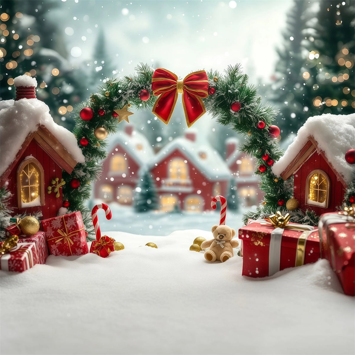 Niedliche Weihnachtskulisse Torbogen Zum Zuckerstangen-Häuschen Weihnachts-Fotografie-Hintergrund RR69-97