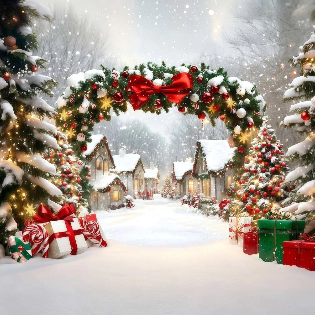 Weihnachtsdorf-Kulisse Schneebedeckter Hausgirlandenbogen Professionelle Weihnachtskulissen RR69-98