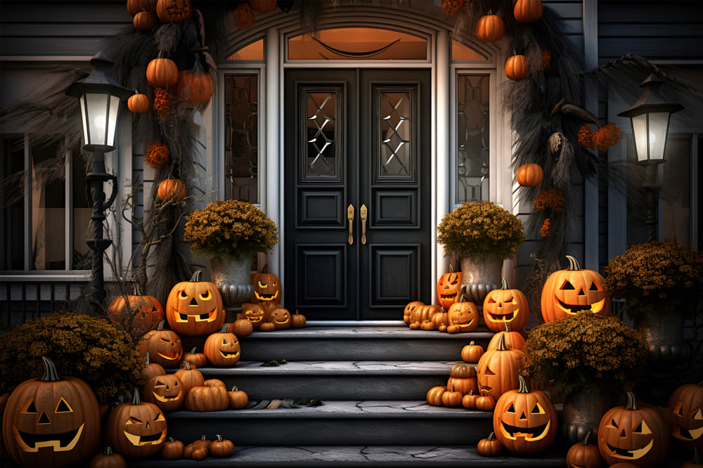 Haustür Kürbisse Halloween Hintergrund RR7-105