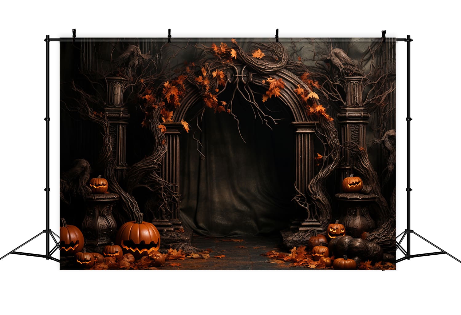 Ahornblätter Kürbisse Bogen Tür Halloween Hintergrund RR7-111