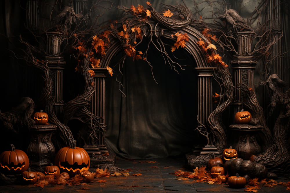 Ahornblätter Kürbisse Bogen Tür Halloween Hintergrund RR7-111