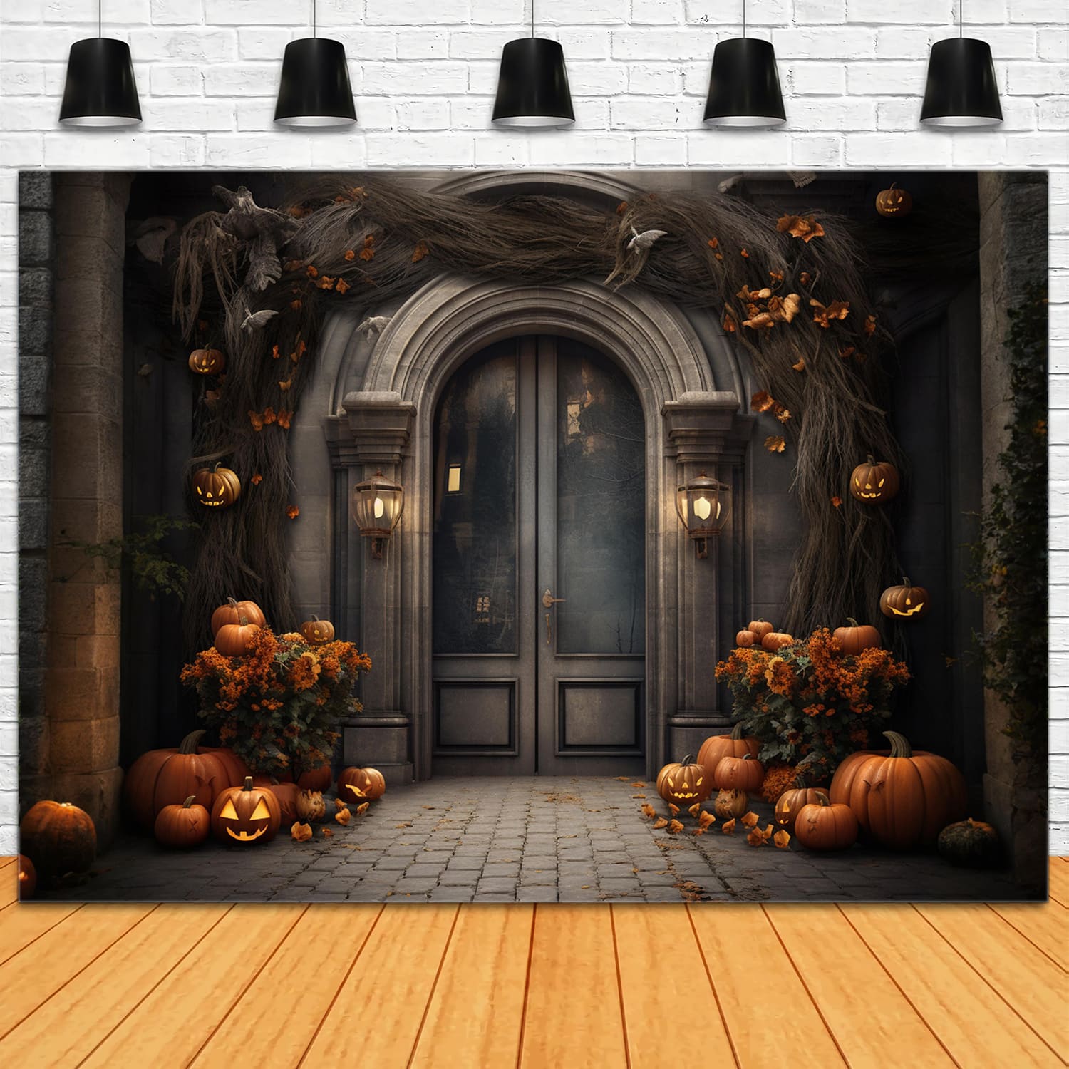 Herrenhaus Haustür Kürbisse Halloween Hintergrund RR7-113