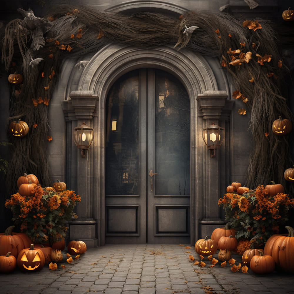 Herrenhaus Haustür Kürbisse Halloween Hintergrund RR7-113