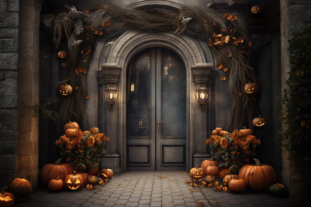 Herrenhaus Haustür Kürbisse Halloween Hintergrund RR7-113