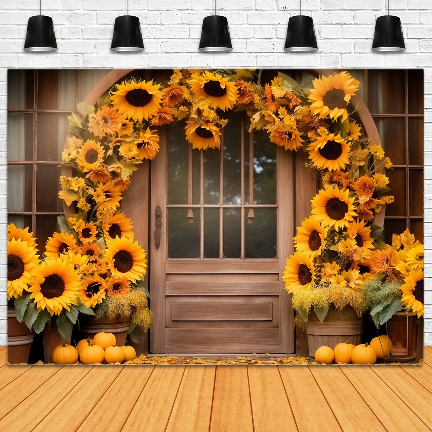 Herbst-Sonnenblumen-Kranz Scheunentür-Hintergrund RR7-125