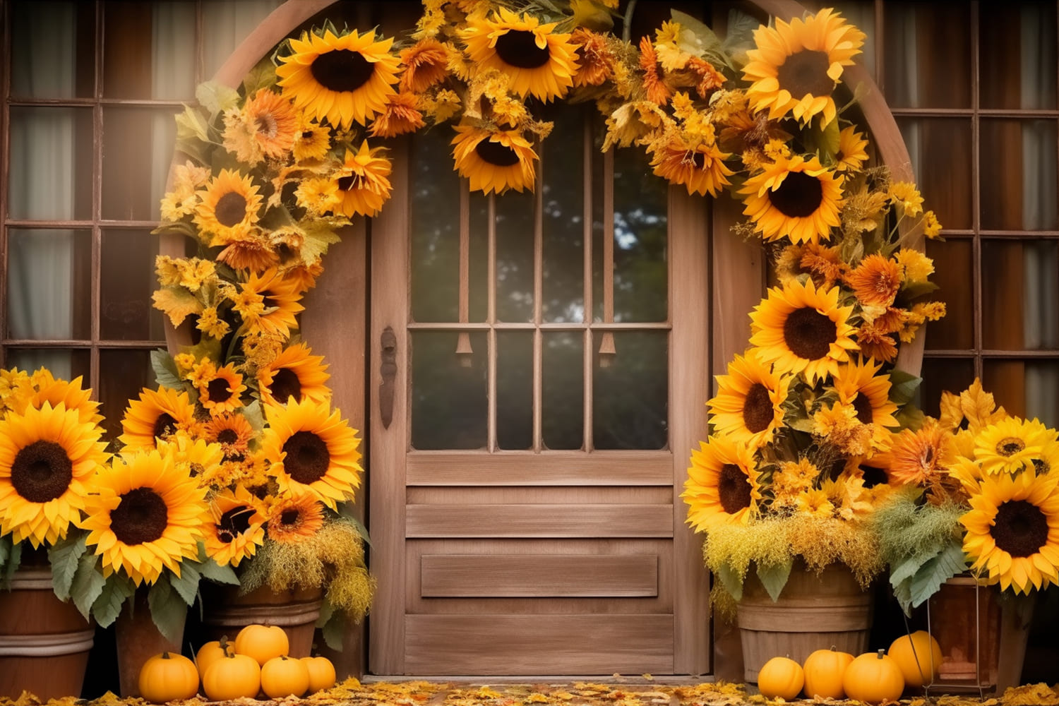 Herbst-Sonnenblumen-Kranz Scheunentür-Hintergrund RR7-125