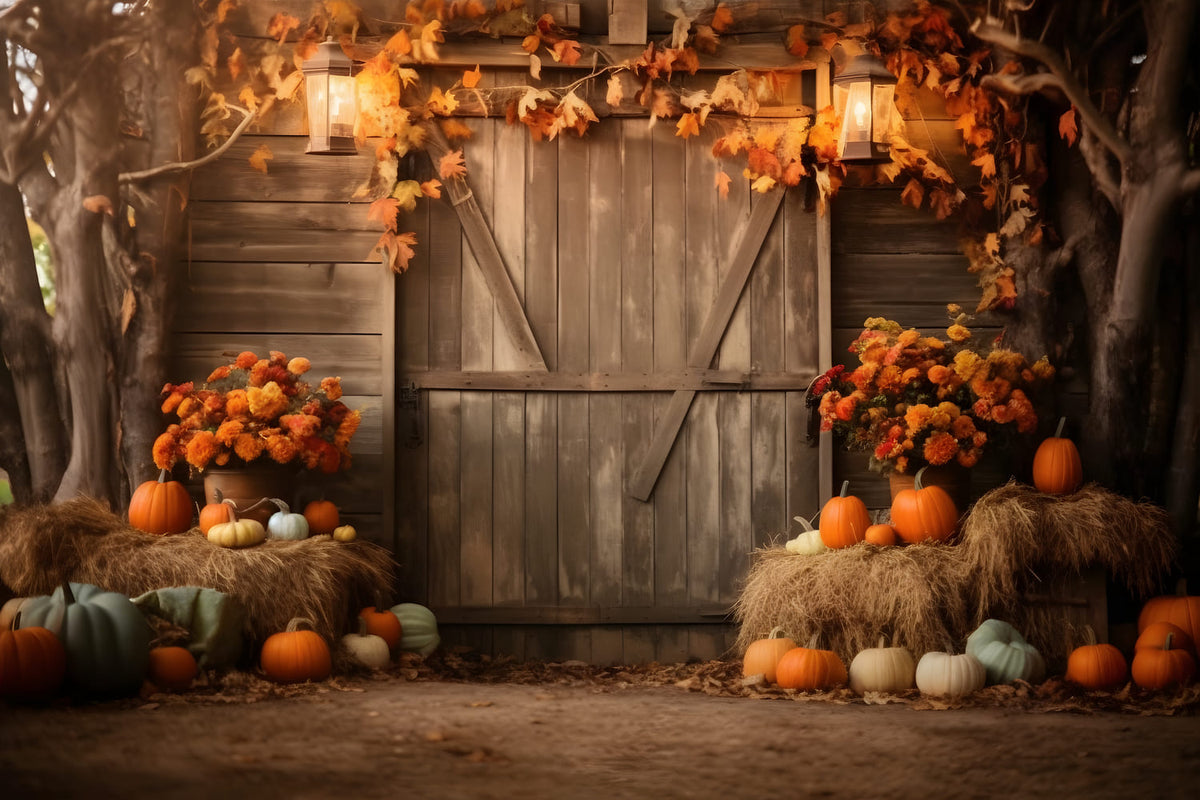 Herbst Ernte Scheune Kürbisse Blätter Foto Hintergrund RR7-126