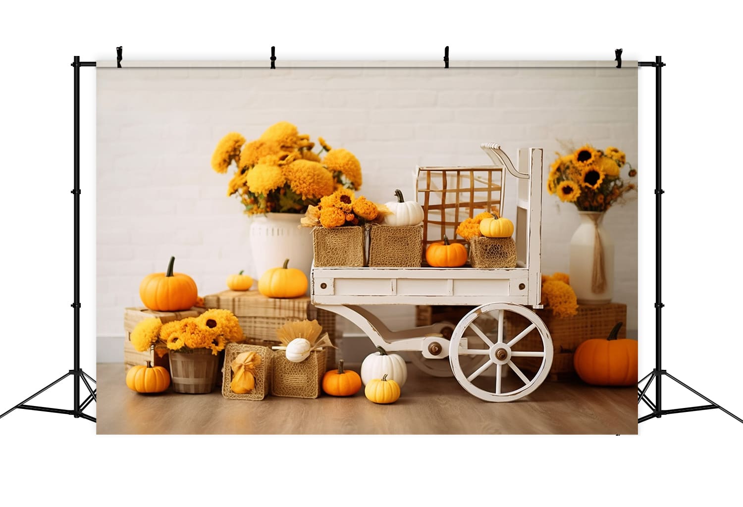 Herbststroh-Sonnenblumen-Holzkarren-Hintergrund RR7-130