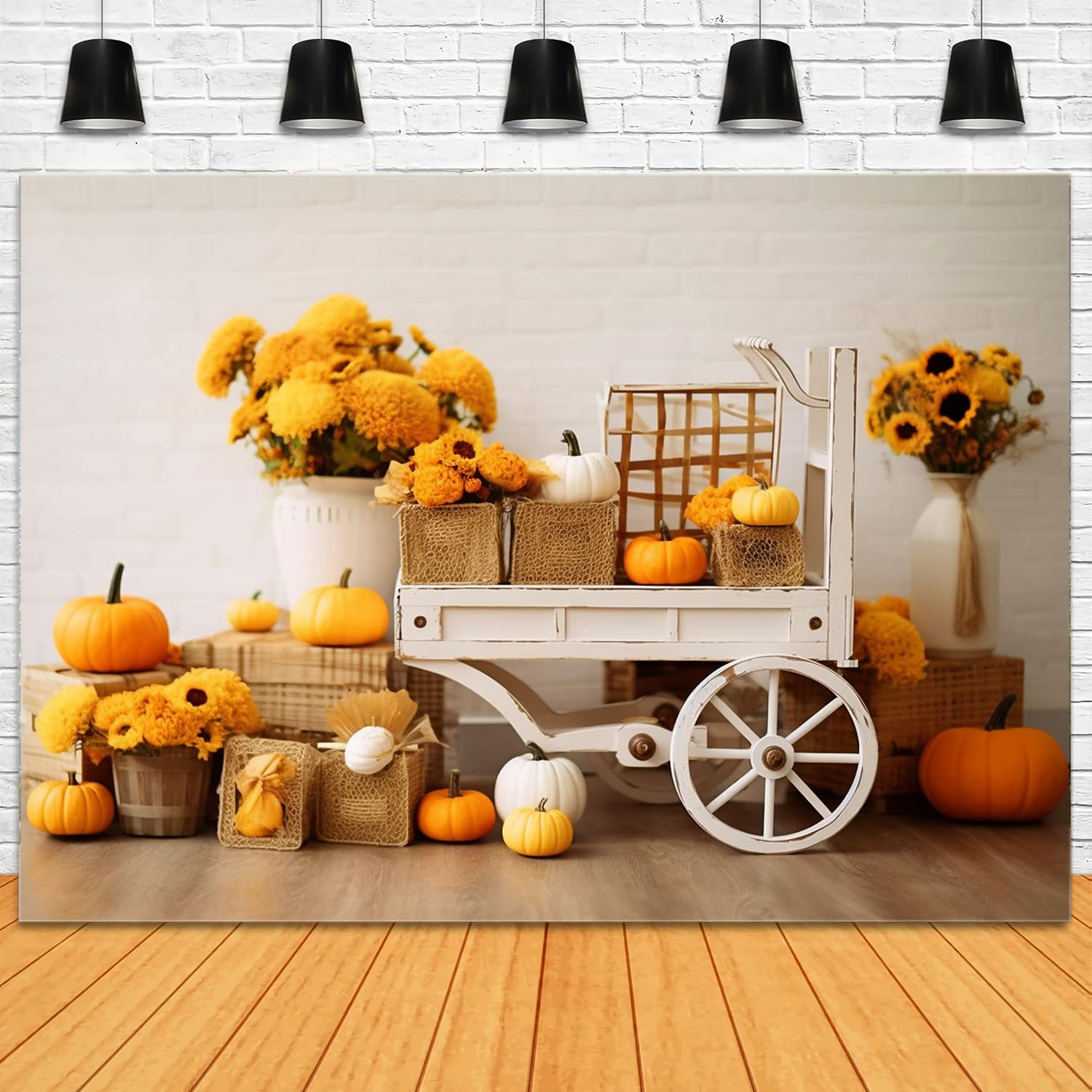Herbststroh-Sonnenblumen-Holzkarren-Hintergrund RR7-130