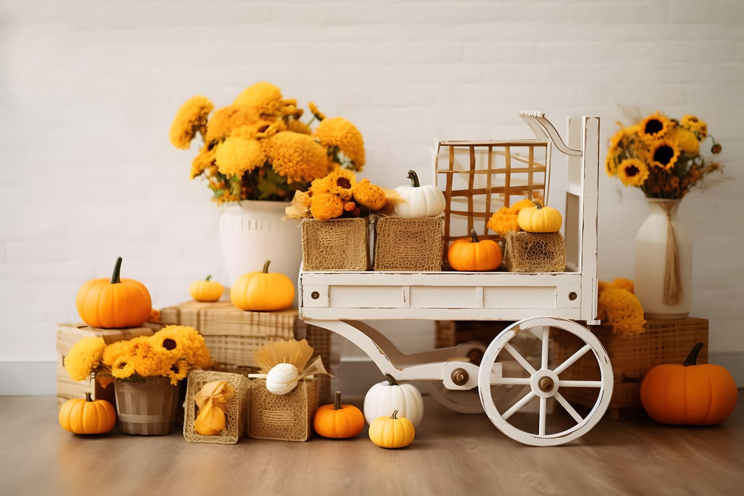 Herbststroh-Sonnenblumen-Holzkarren-Hintergrund RR7-130