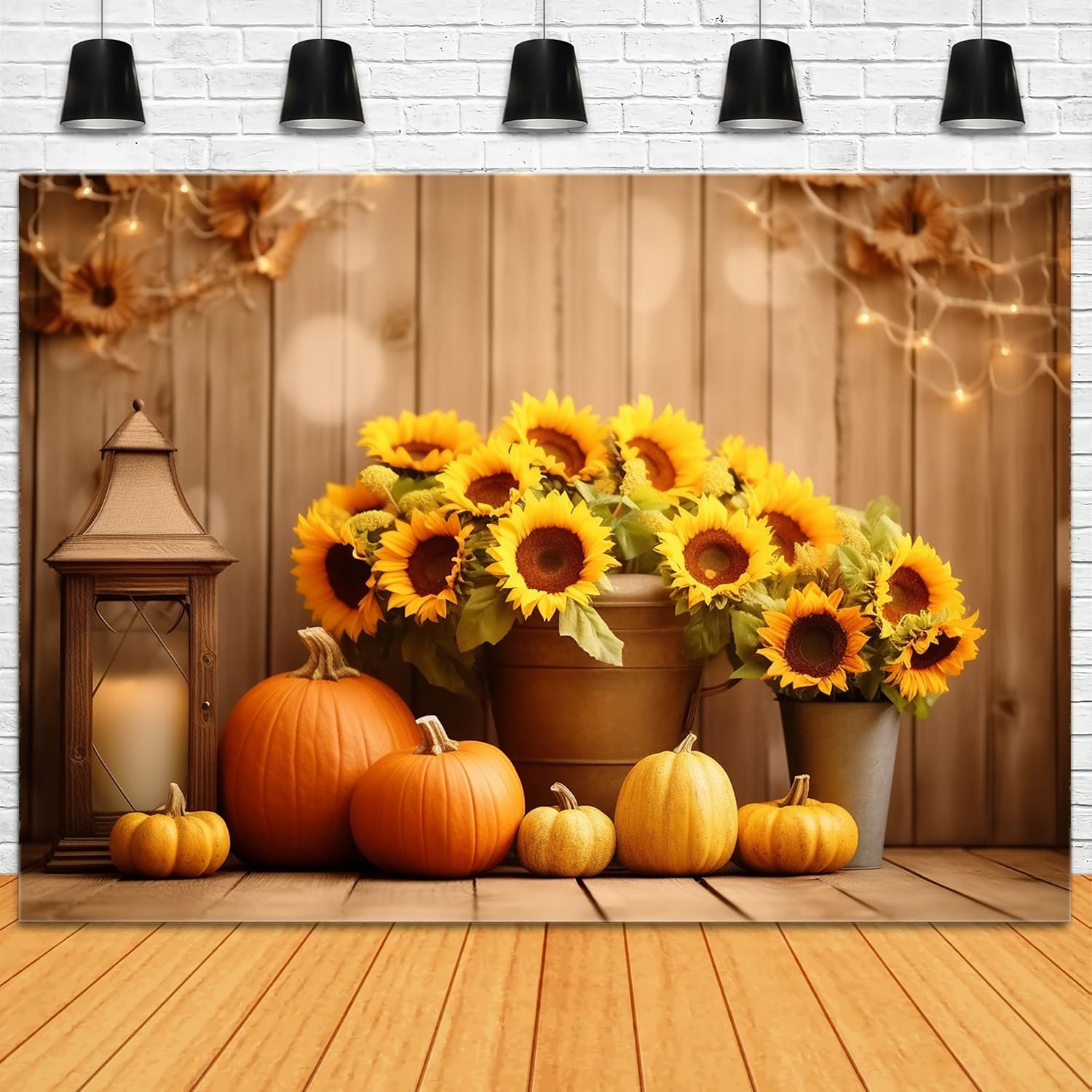 Herbstkürbisse Sonnenblumen Holz Hintergrund RR7-137