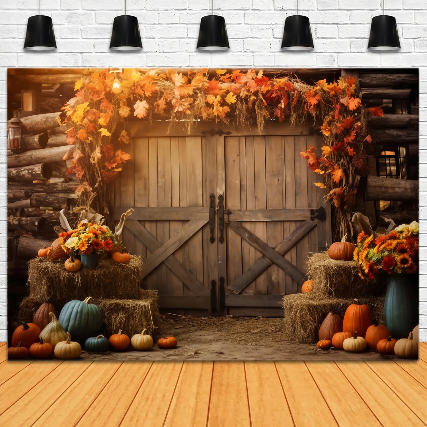 Herbst Scheune Heuhaufen Ahornblätter Hintergrund RR7-141