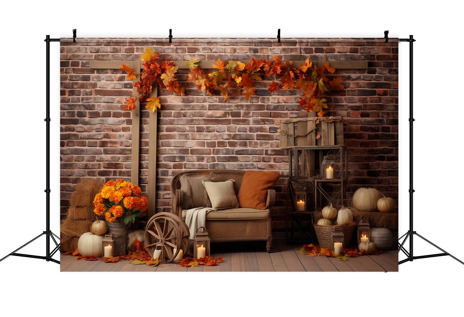 Kürbisse Ahornblätter Wand Herbst Hintergrund RR7-142