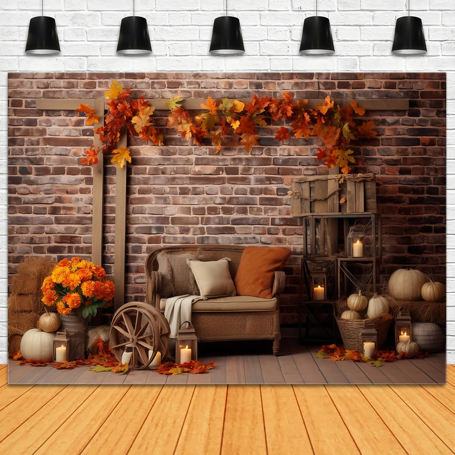 Kürbisse Ahornblätter Wand Herbst Hintergrund RR7-142
