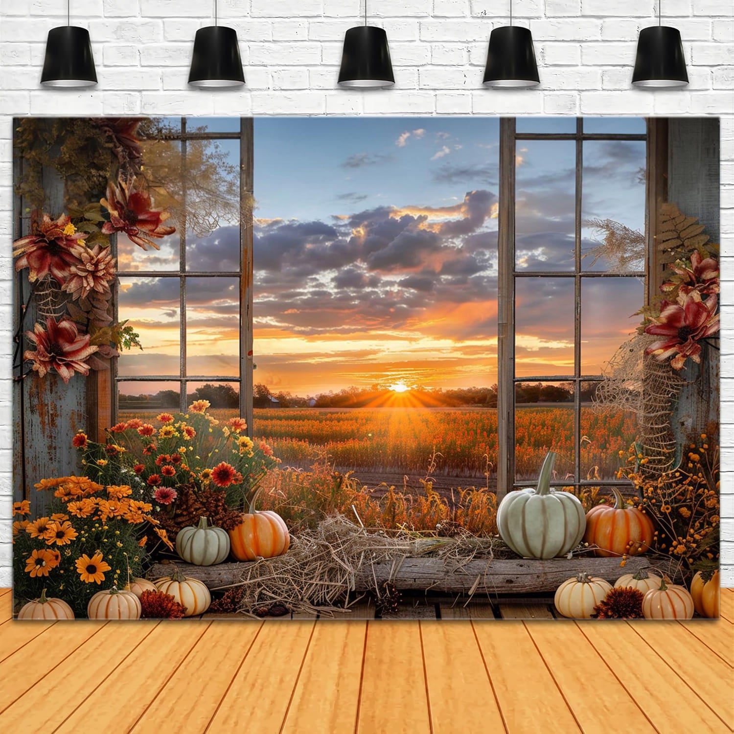 Herbst Kürbisse Sonnenuntergang Fensterlandschaft Hintergrund RR7-151