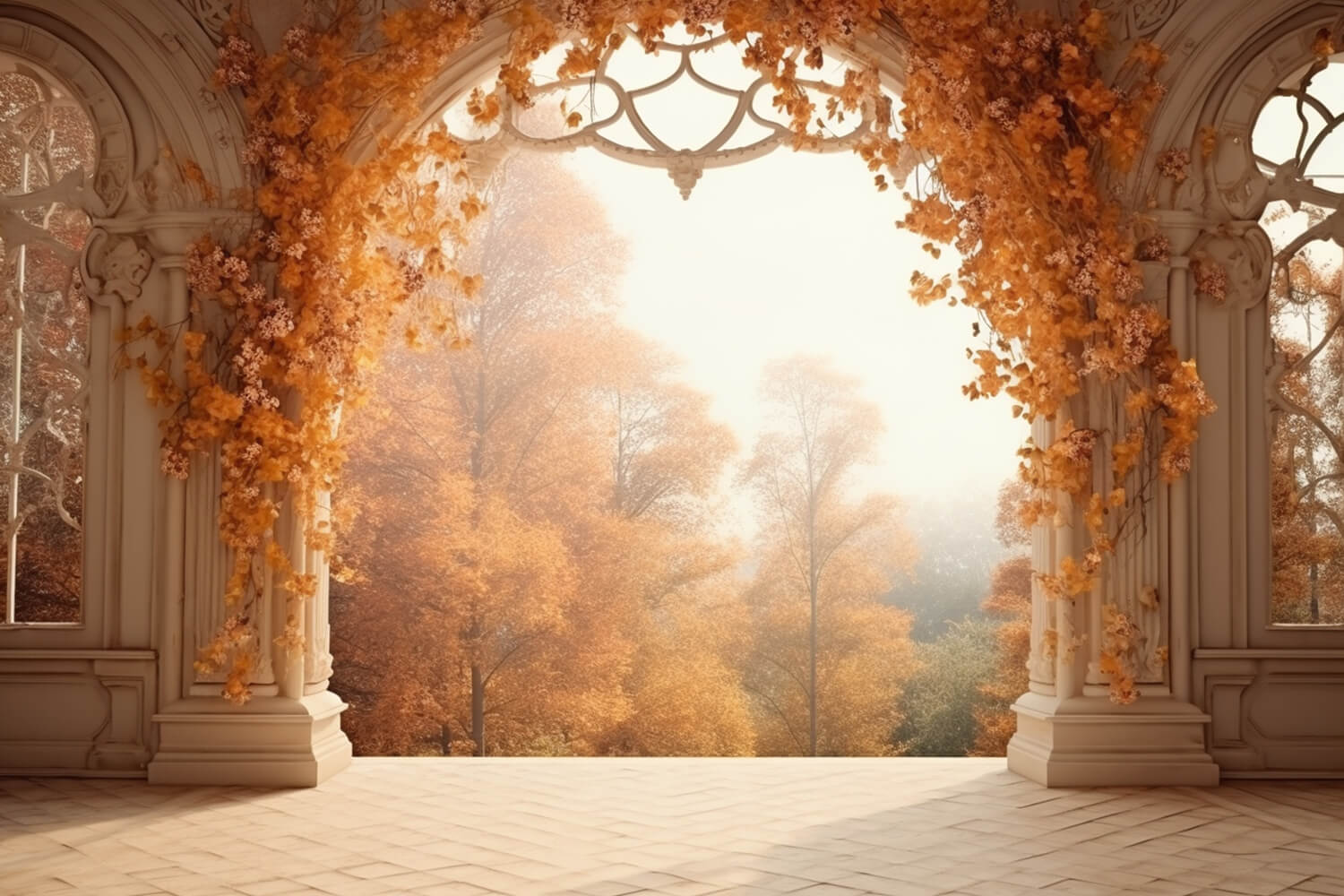 Herbstliche Waldlandschaft Schloss Bogen Hintergrund RR7-179