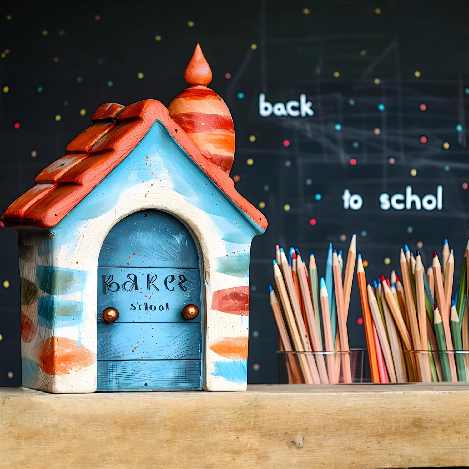 Back to School Kleines Haus Buntstifte Backdrop RR7-201