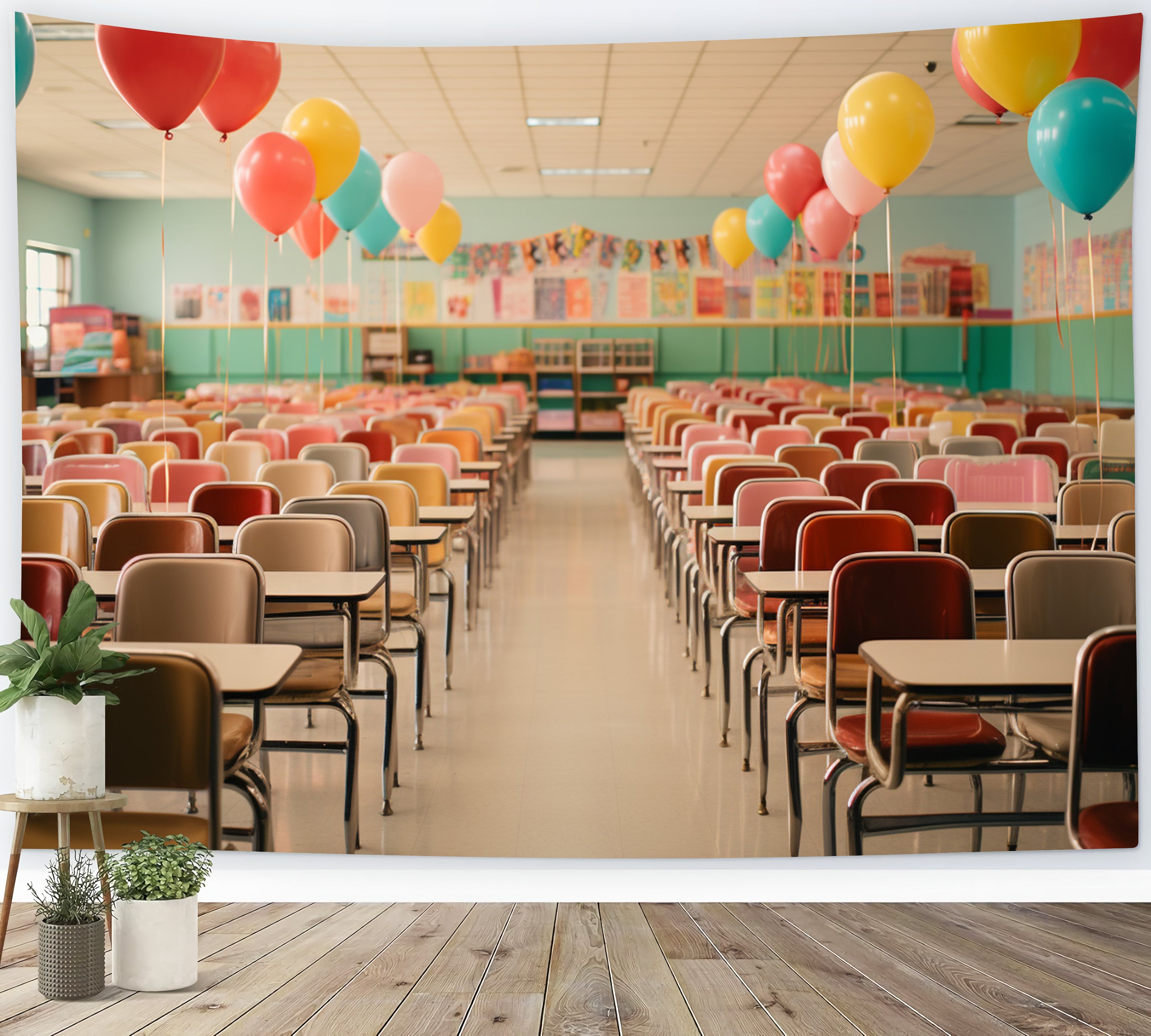Back to School Klassenzimmer Schreibtische Stühle Backdrop RR7-217