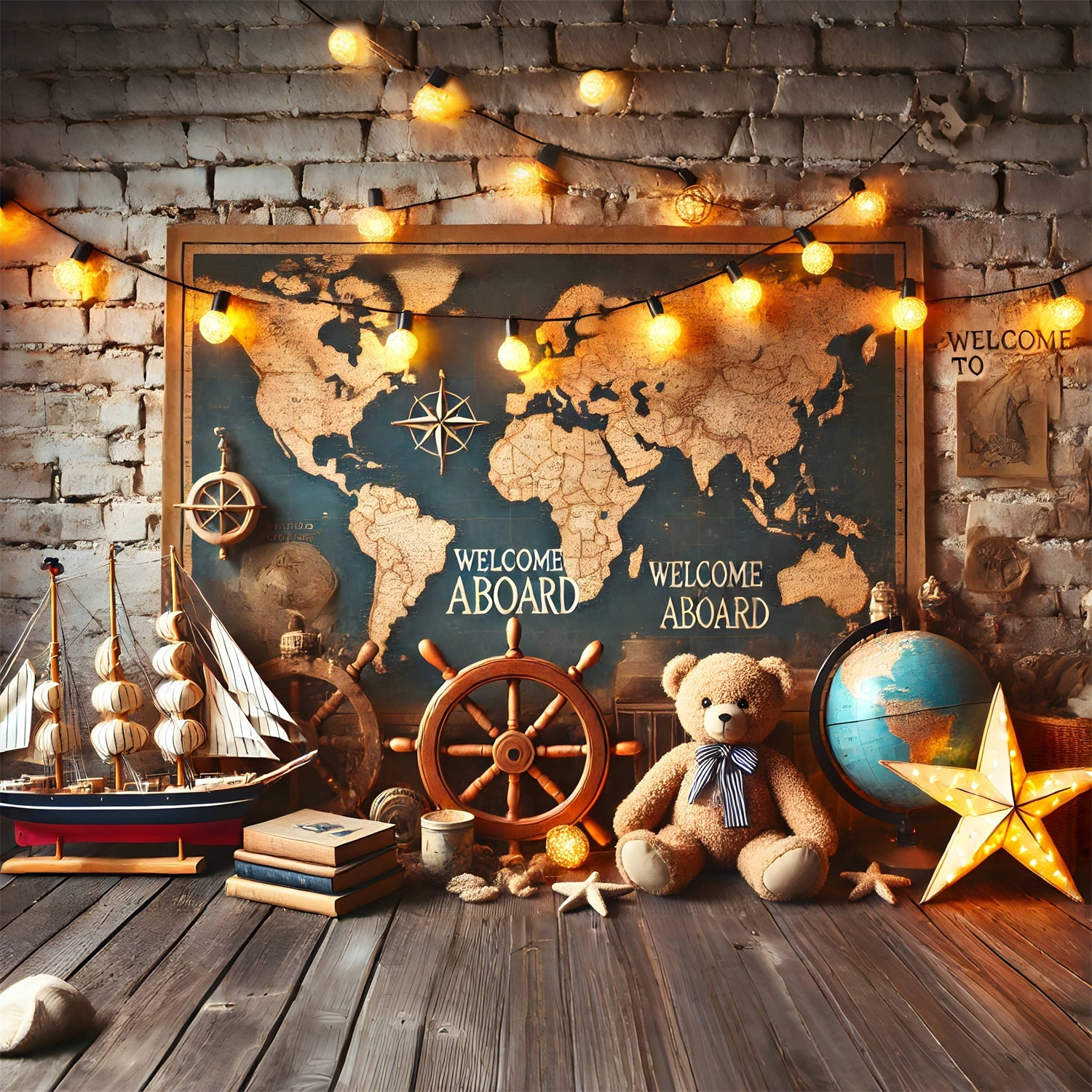 Back to School Weltkarte Segelboot Backdrop RR7-244