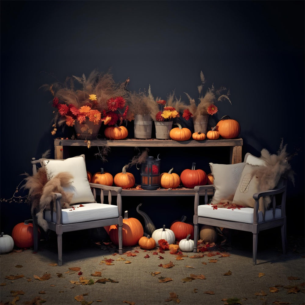 Herbstliches Blumen- und Kürbis-Display Gemütlicher Sitzhintergrund RR7-251