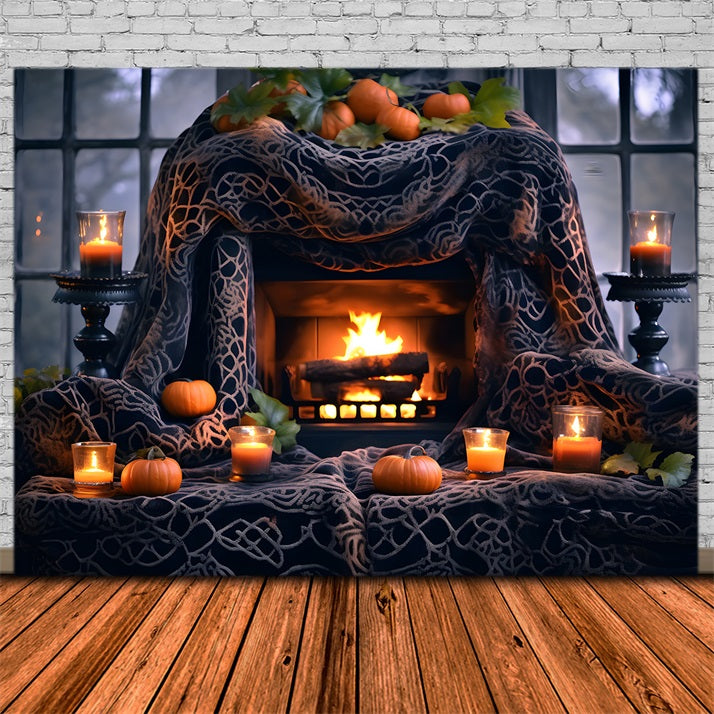 Halloween-Kürbislaternen Gemütlicher Kamin Gothic Drapes Hintergrund RR7-253