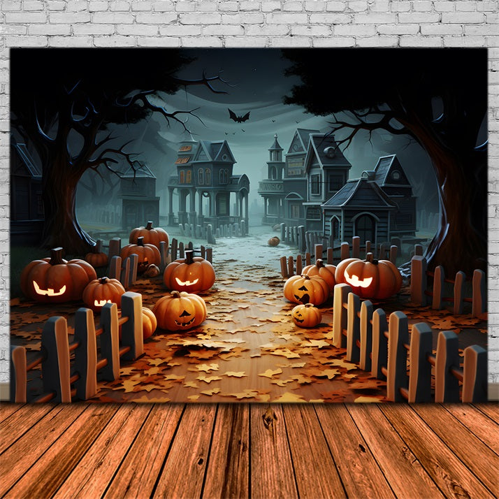 Halloween-Kürbislaternen Gespenstischer Dorfweg Hintergrund RR7-254