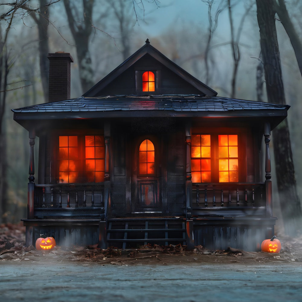 Halloween Kürbis Gespenstische Hütte in den Wäldern Hintergrund RR7-257