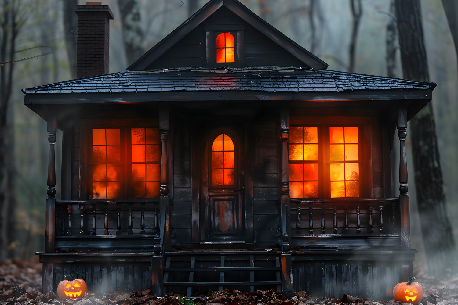Halloween Kürbis Gespenstische Hütte in den Wäldern Hintergrund RR7-257
