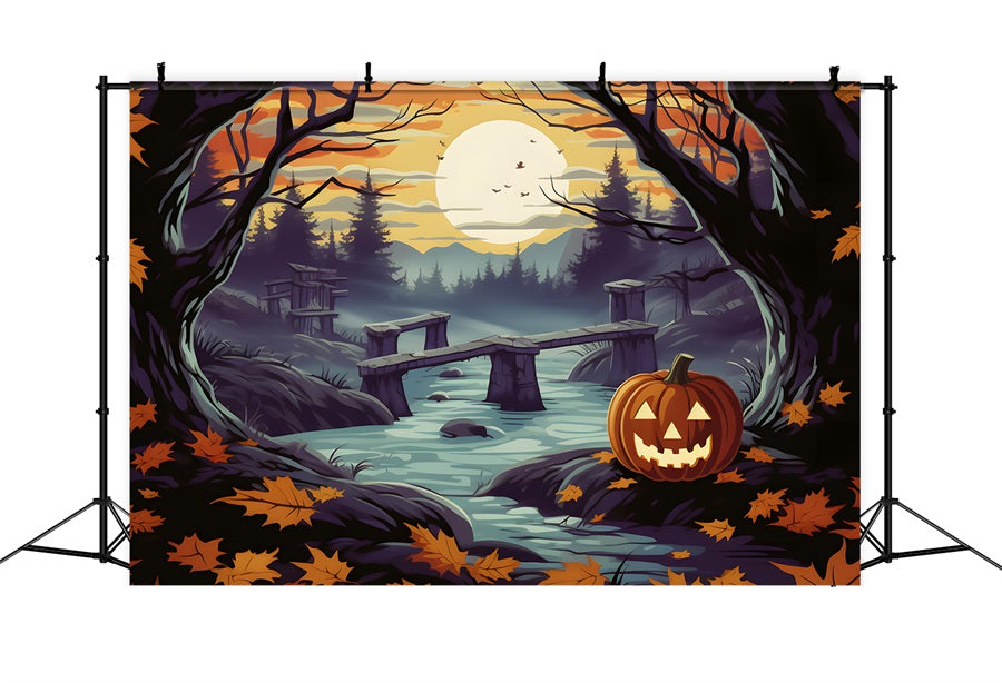 Halloween Kürbislaternen Verzauberter Wald Fluss Hintergrund RR7-259