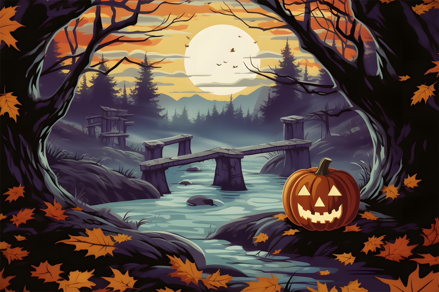 Halloween Kürbislaternen Verzauberter Wald Fluss Hintergrund RR7-259