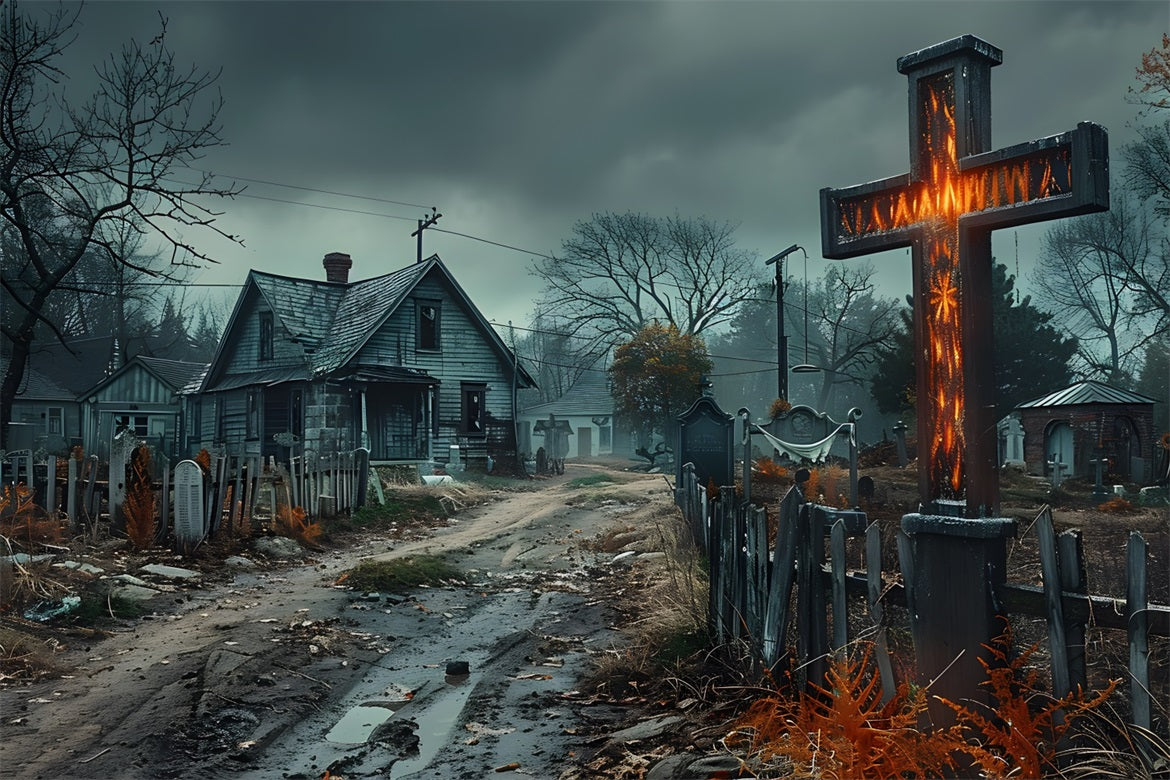 Halloween Gespensterdorf Kreuz Friedhof Kulisse RR7-269