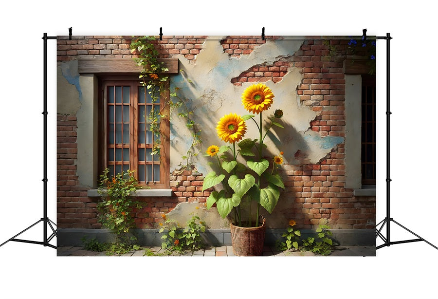 Sonnenblume und Efeu Rustikale Backsteinmauer Hintergrund RR7-276