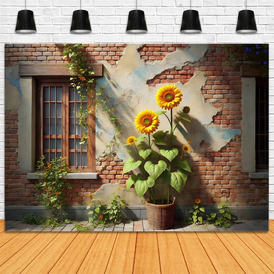 Sonnenblume und Efeu Rustikale Backsteinmauer Hintergrund RR7-276