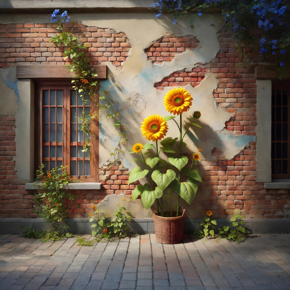Sonnenblume und Efeu Rustikale Backsteinmauer Hintergrund RR7-276