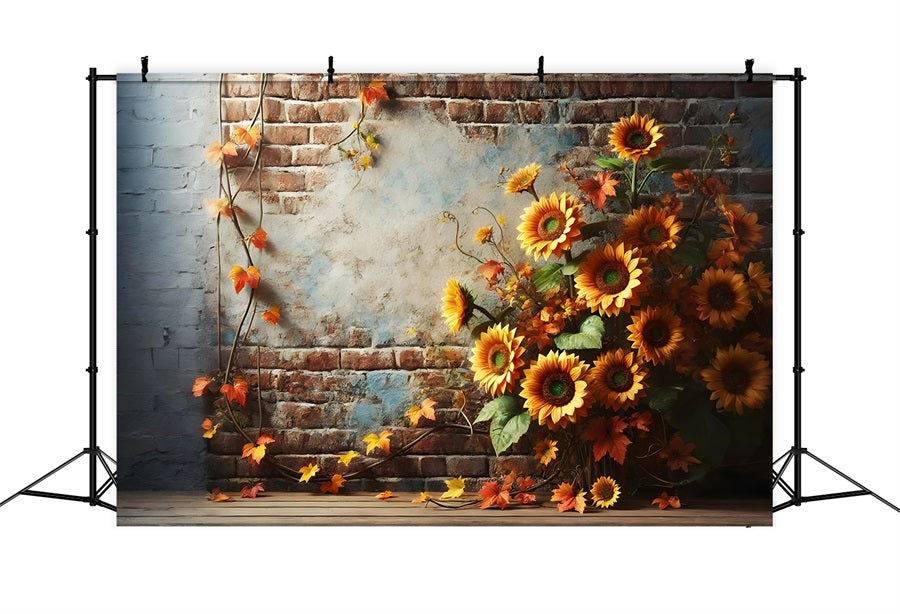 Rustikale Backsteinmauer Sonnenblumen Herbstblätter Hintergrund RR7-277