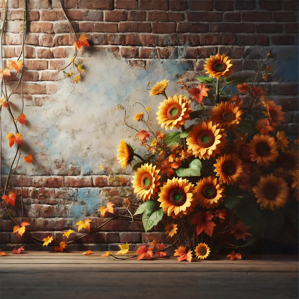 Rustikale Backsteinmauer Sonnenblumen Herbstblätter Hintergrund RR7-277
