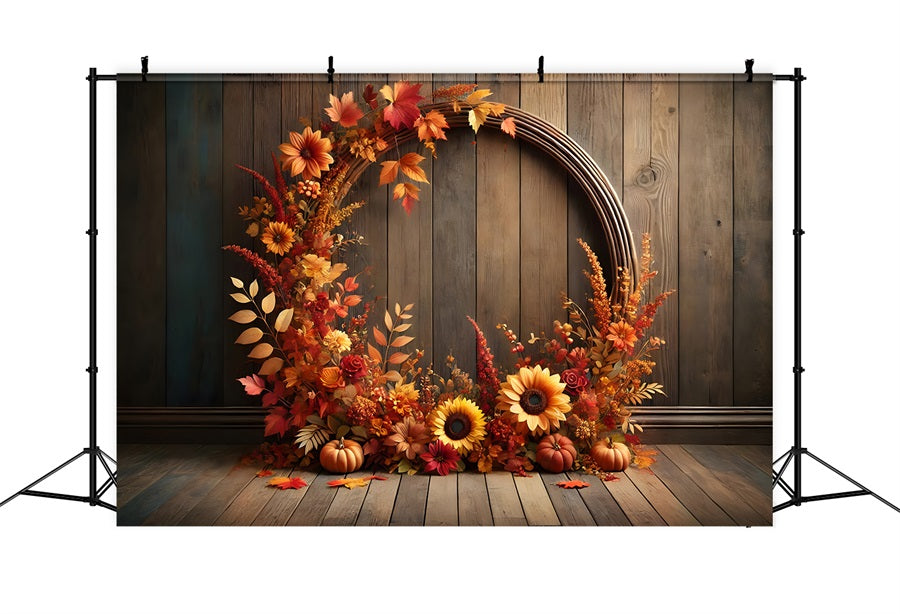 Herbstblumenbogen und Kürbis Holzkulisse RR7-279
