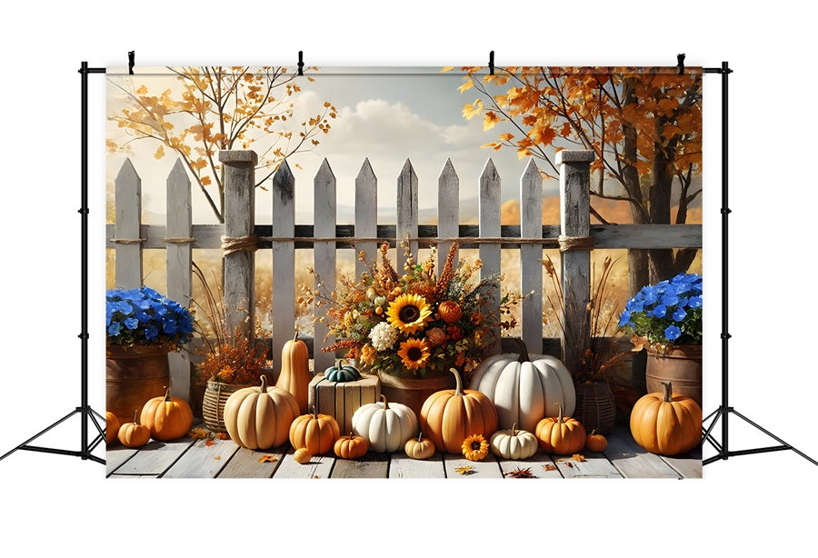 Herbstliche Ernte mit Blumen und Kürbis Lattenzaun-Hintergrundkulisse RR7-280