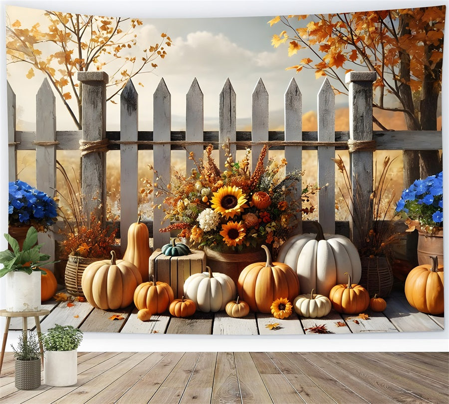 Herbstliche Ernte mit Blumen und Kürbis Lattenzaun-Hintergrundkulisse RR7-280