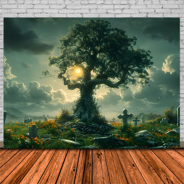 Halloween Verwunschener Friedhofs-Baum-Hintergrund RR7-286