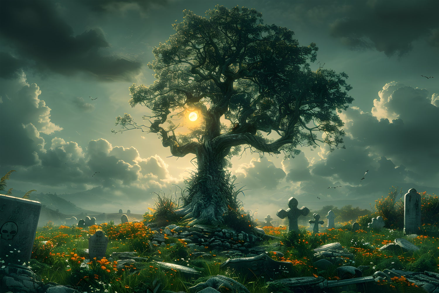 Halloween Verwunschener Friedhofs-Baum-Hintergrund RR7-286